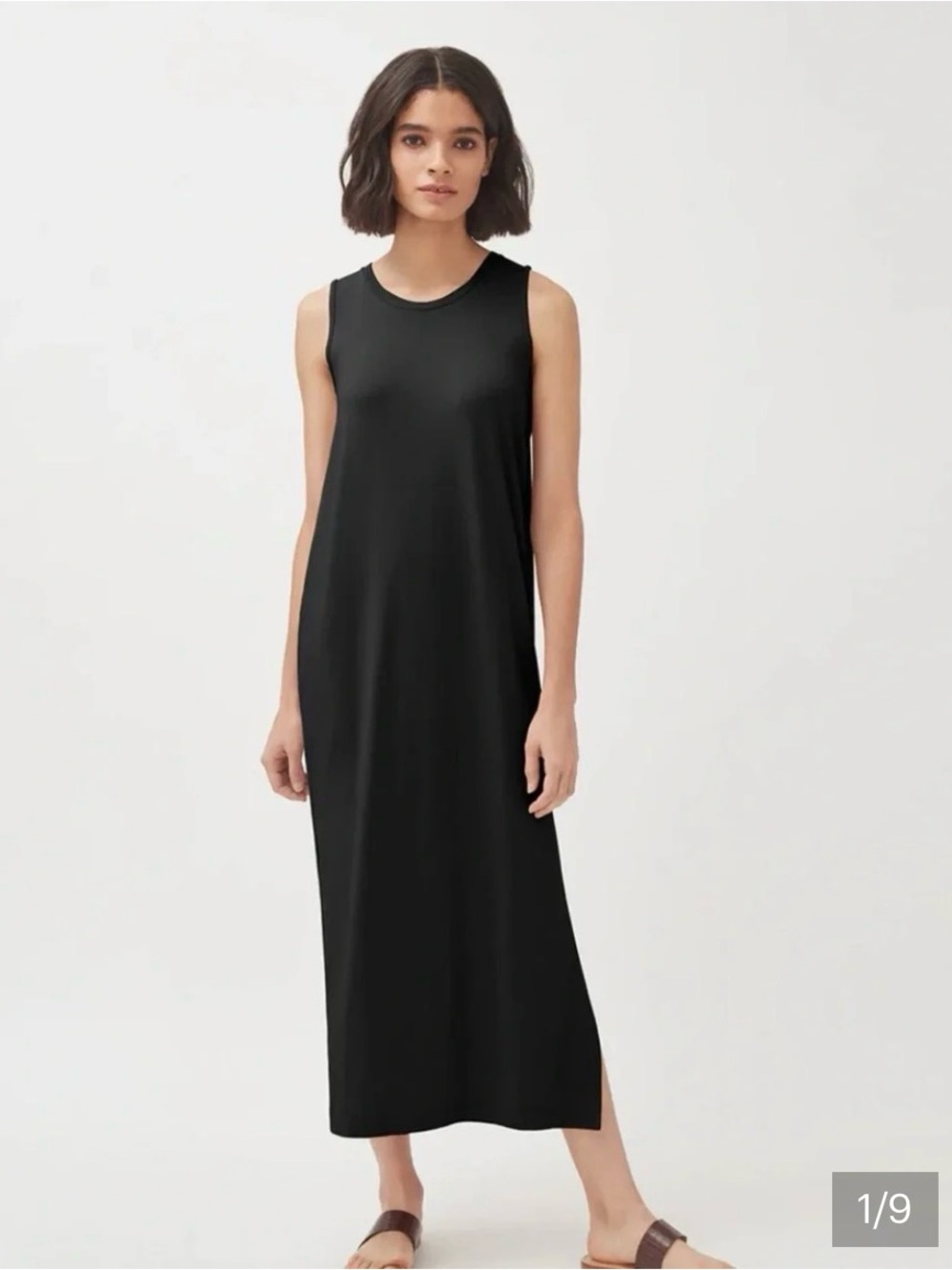 Cuyana Circle Black Dress Organic Pima Cotton Blend Side Slits Tank Style Sm